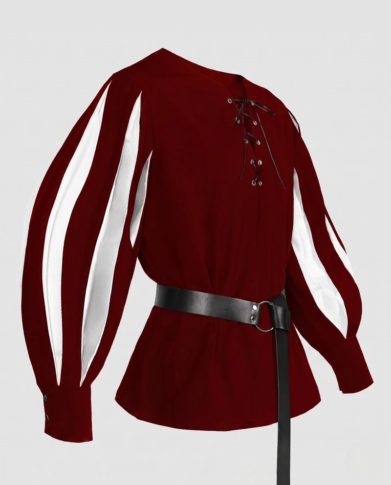 Damen Historisches Patrick Kostümshirt mit Dekorativem Spitzenverschluss und Farbigen Akzenten Drune