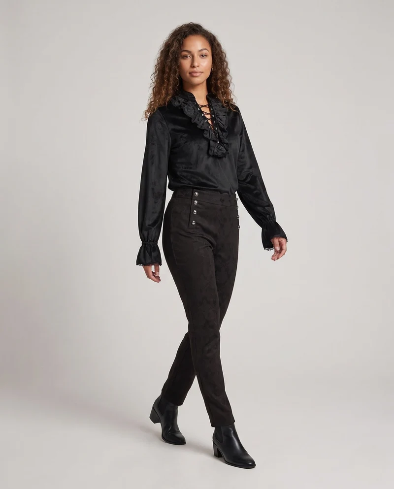 Damen Historisches Rüschenshirt mit Knopfleiste und Elegante Hose Drune