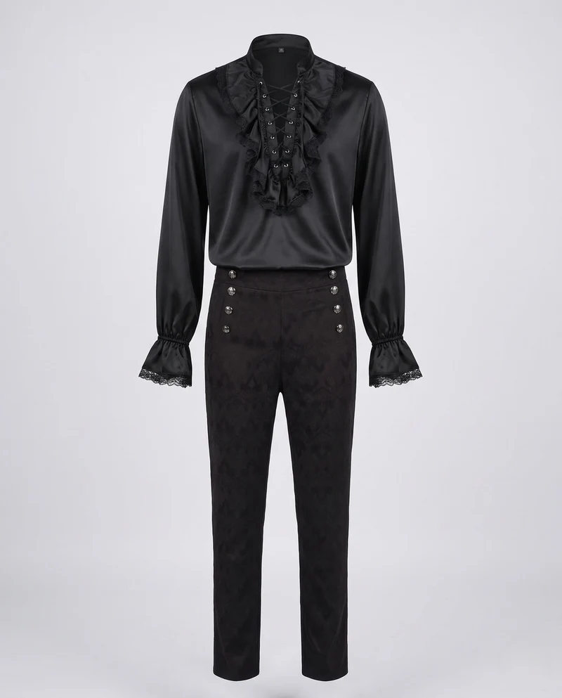 Damen Historisches Rüschenshirt mit Knopfleiste und Elegante Hose Drune