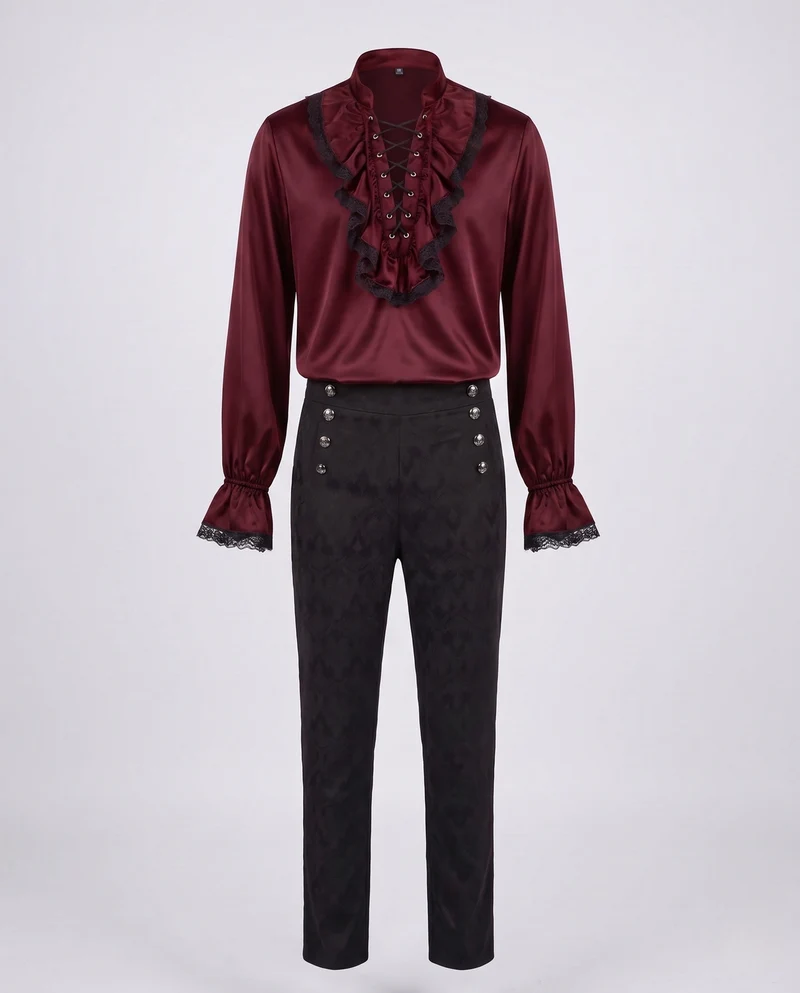 Damen Historisches Rüschenshirt mit Knopfleiste und Elegante Hose Drune