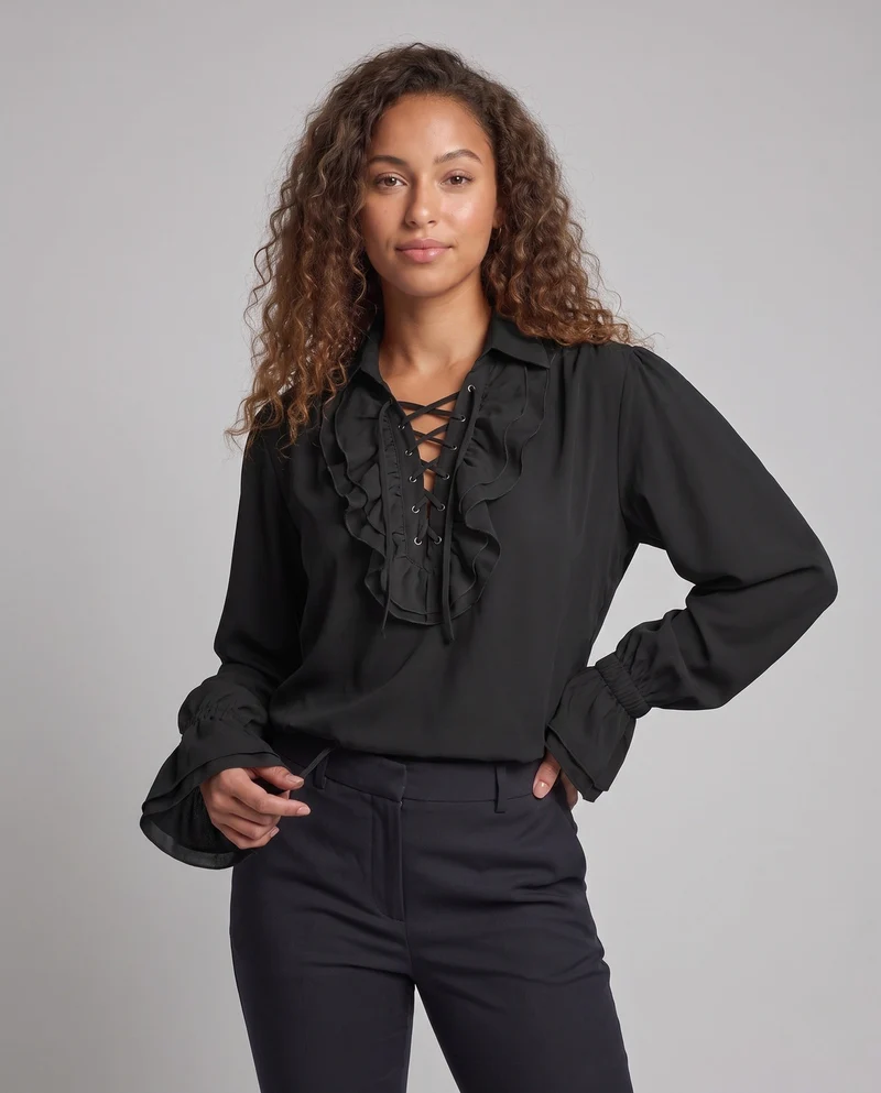 Damen Historisches Rüschenshirt mit eleganter Schnürung Drune