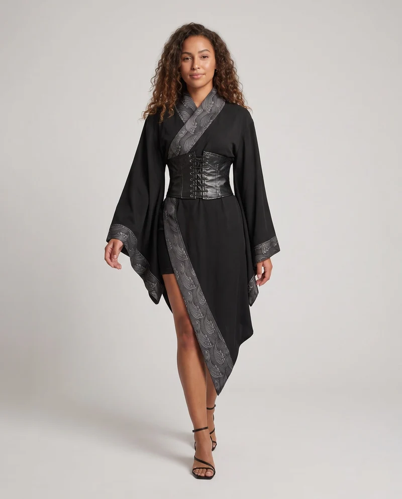 Damen Kimono-Stil Mantel mit aufwendigem Gürtel und weitem Ärmel Drune