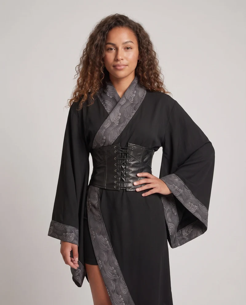 Damen Kimono-Stil Mantel mit aufwendigem Gürtel und weitem Ärmel Drune