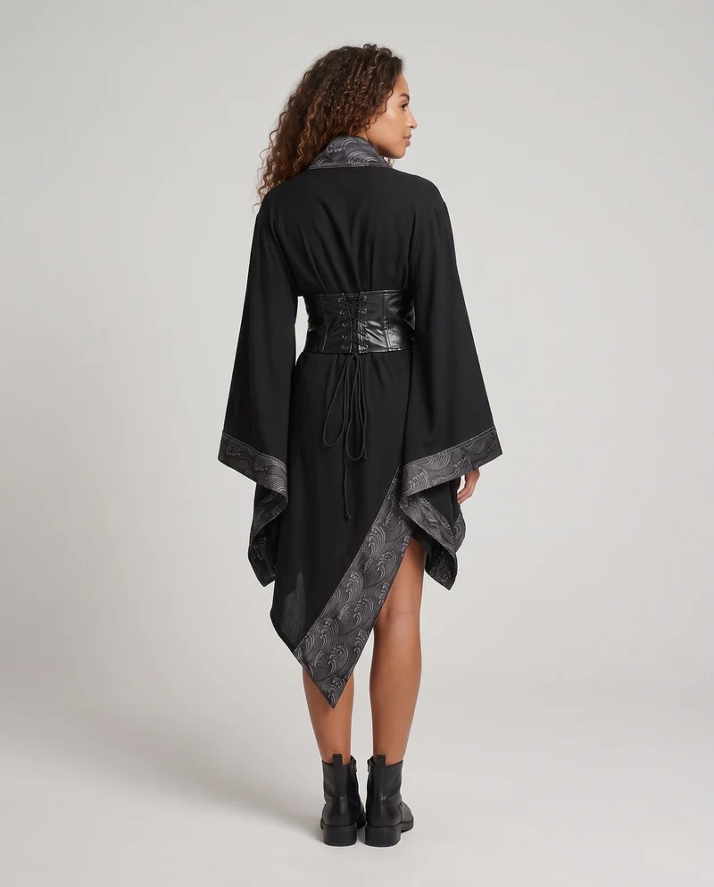 Damen Kimono-Stil Mantel mit aufwendigem Gürtel und weitem Ärmel Drune