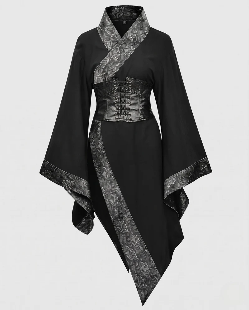 Damen Kimono-Stil Mantel mit aufwendigem Gürtel und weitem Ärmel Drune