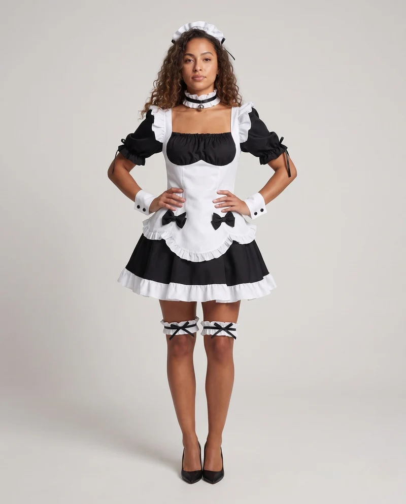 Damen Kostümset aus elegantem Minikleid mit Rüschendetails und Zubehör Drune