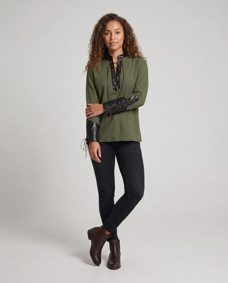 Damen Langarmshirt mit aufwendiger Schnürung und dekorativen Lederakzenten Drune