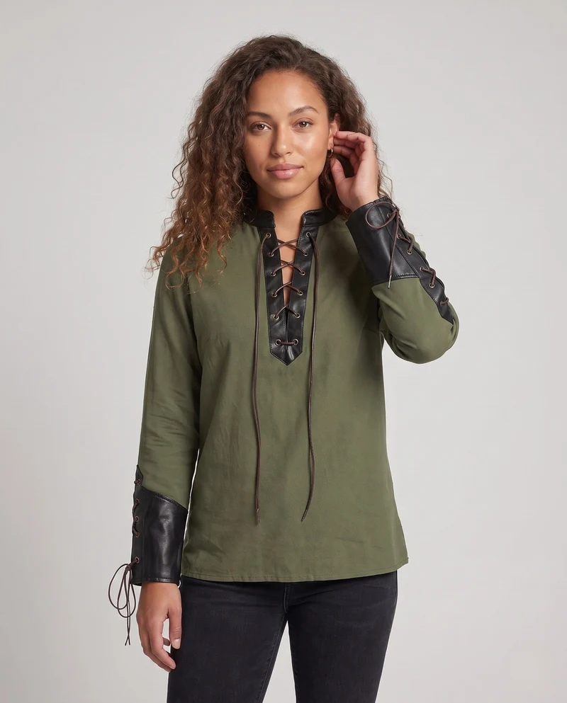 Damen Langarmshirt mit aufwendiger Schnürung und dekorativen Lederakzenten Drune