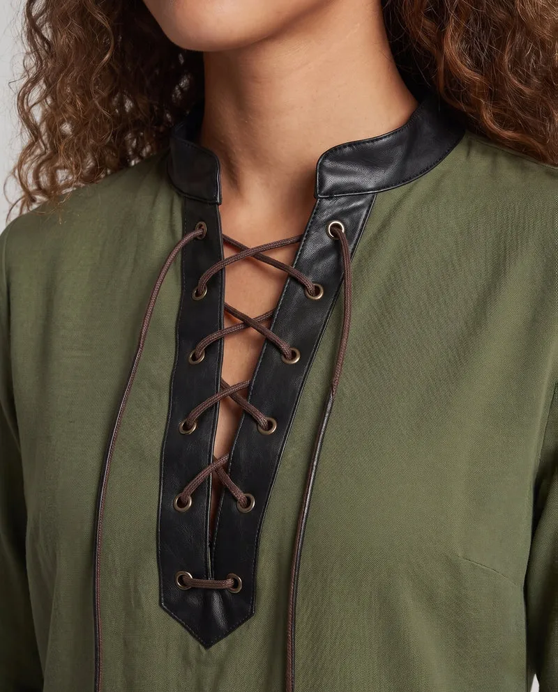Damen Langarmshirt mit aufwendiger Schnürung und dekorativen Lederakzenten Drune