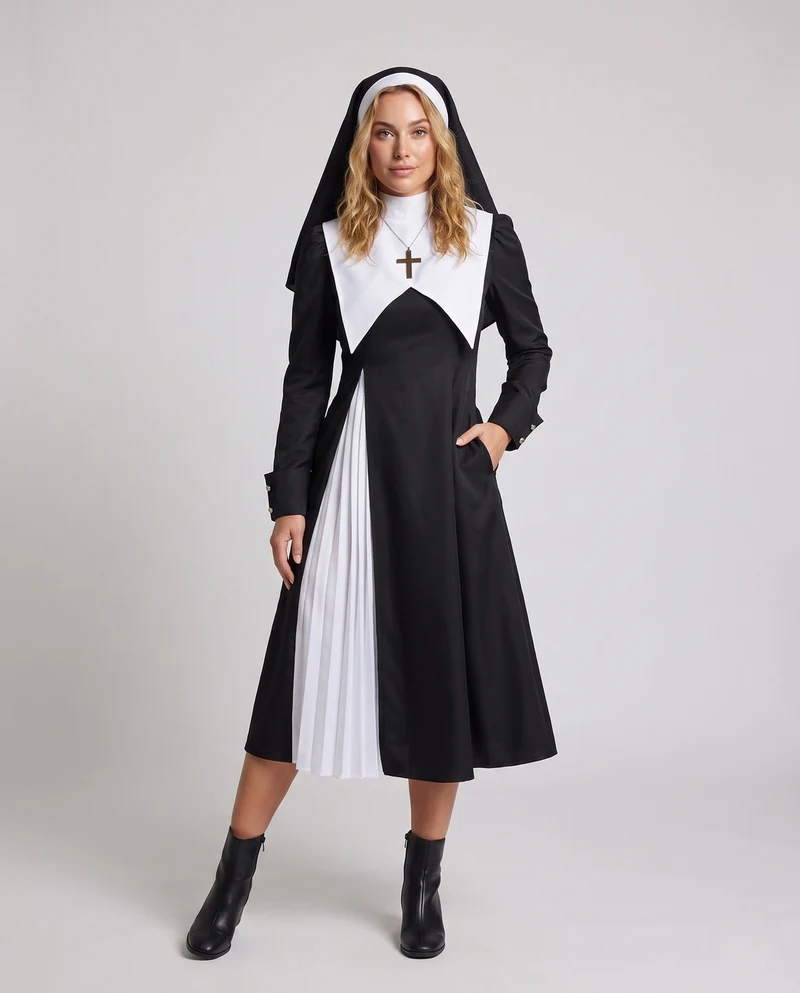 Damen Nonnenkostüm mit Kreuz und Kapuze Drune
