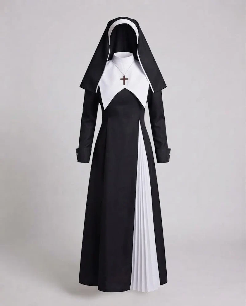 Damen Nonnenkostüm mit Kreuz und Kapuze Drune