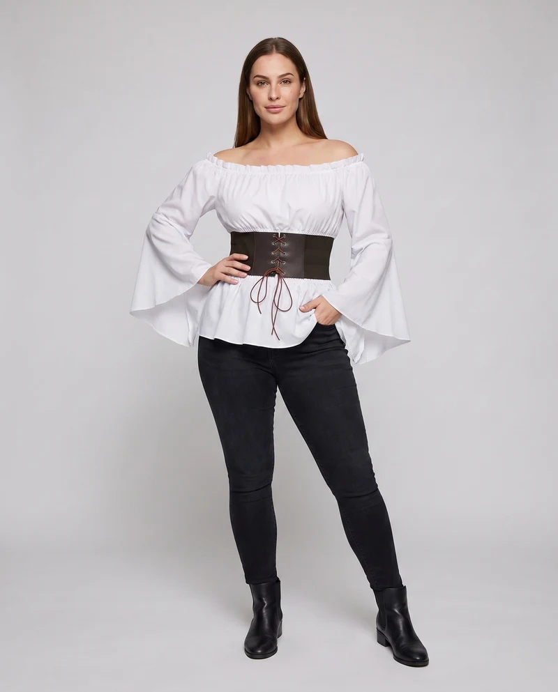 Damen Off-Shoulder Bluse mit weitem Ärmel und stilvollem Taillengürtel Drune