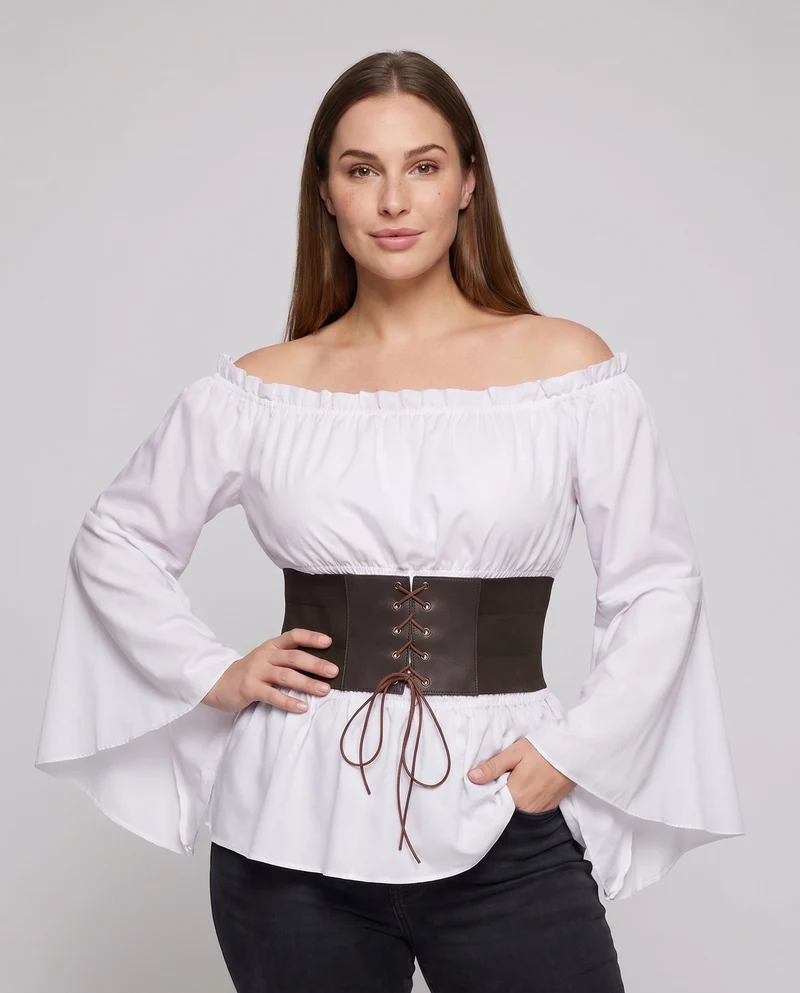 Damen Off-Shoulder Bluse mit weitem Ärmel und stilvollem Taillengürtel Drune