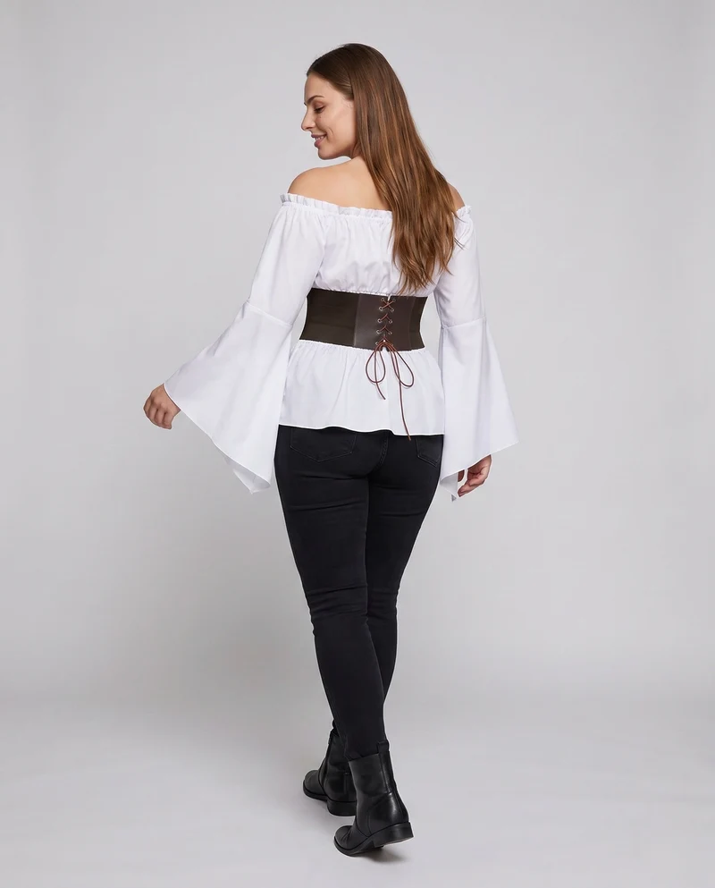 Damen Off-Shoulder Bluse mit weitem Ärmel und stilvollem Taillengürtel Drune