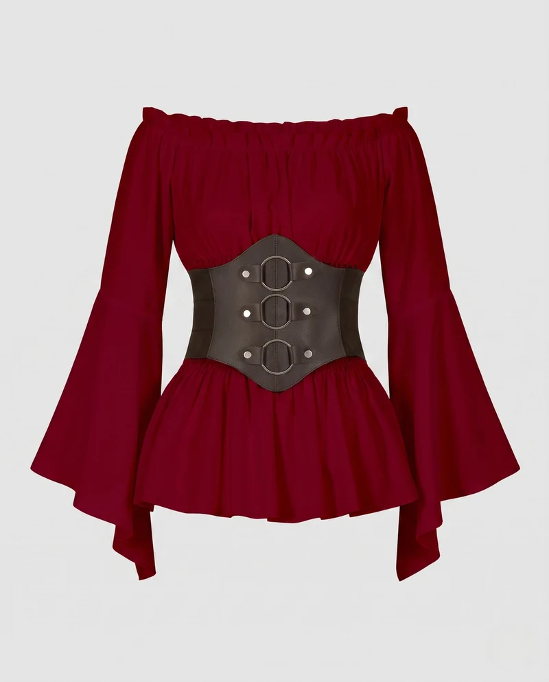 Damen Off-Shoulder Bluse mit weitem Ärmel und stilvollem Taillengürtel Drune