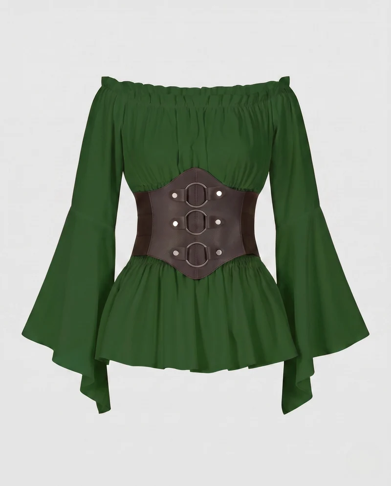 Damen Off-Shoulder Bluse mit weitem Ärmel und stilvollem Taillengürtel Drune