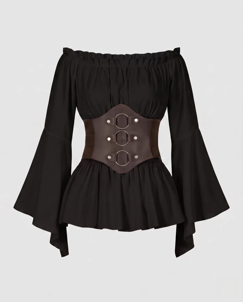 Damen Off-Shoulder Bluse mit weitem Ärmel und stilvollem Taillengürtel Drune