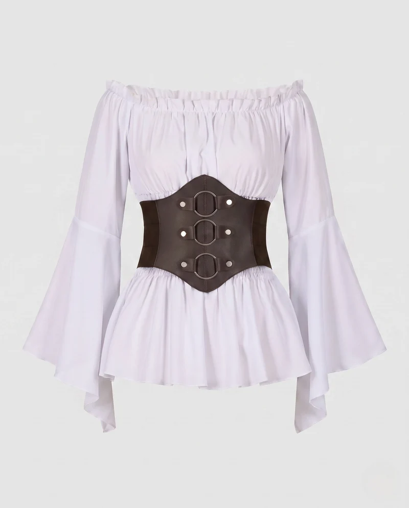 Damen Off-Shoulder Bluse mit weitem Ärmel und stilvollem Taillengürtel Drune