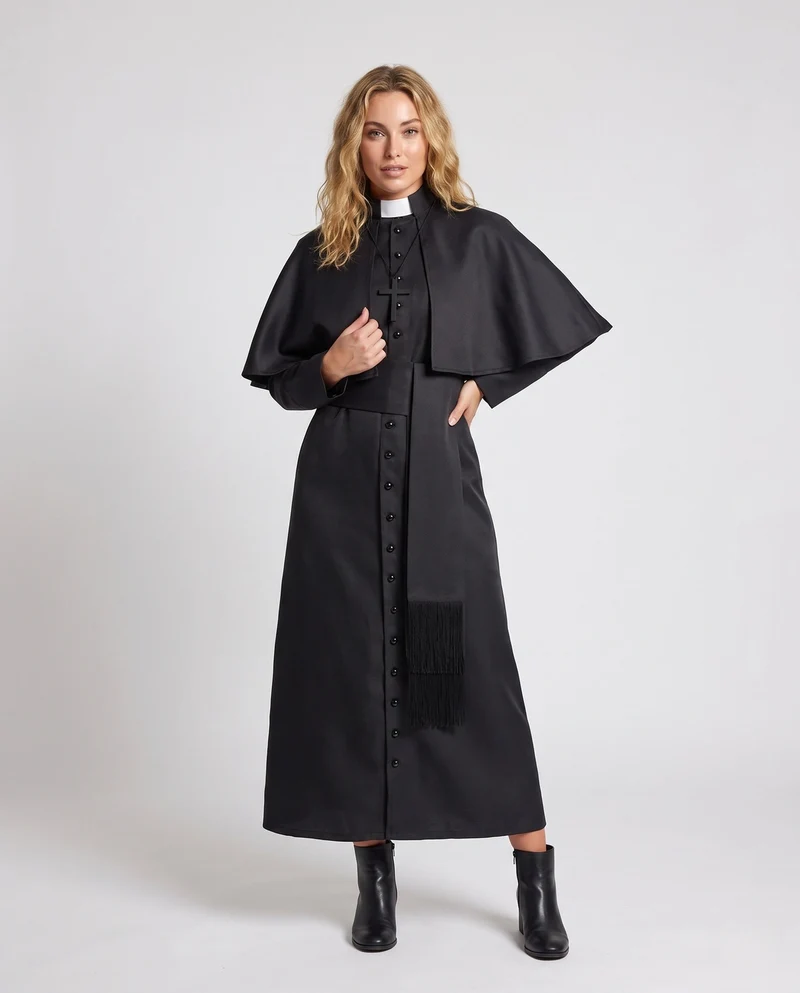 Frauen Priester Kostüm mit elegantem Kapuzen und Kreuz Anhänger Drune
