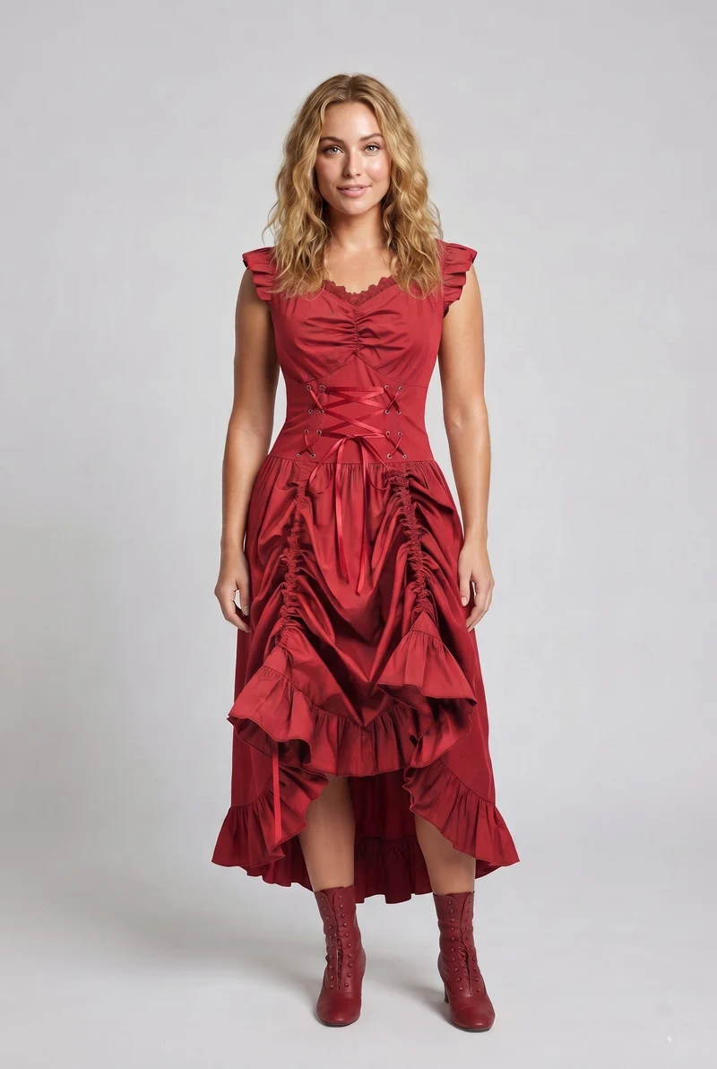 Damen romantisches Kleid mit Rüschendetails und eleganter Schnürung Drune