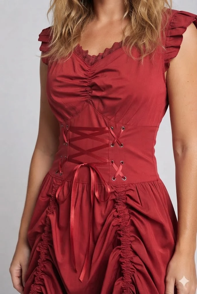 Damen romantisches Kleid mit Rüschendetails und eleganter Schnürung Drune