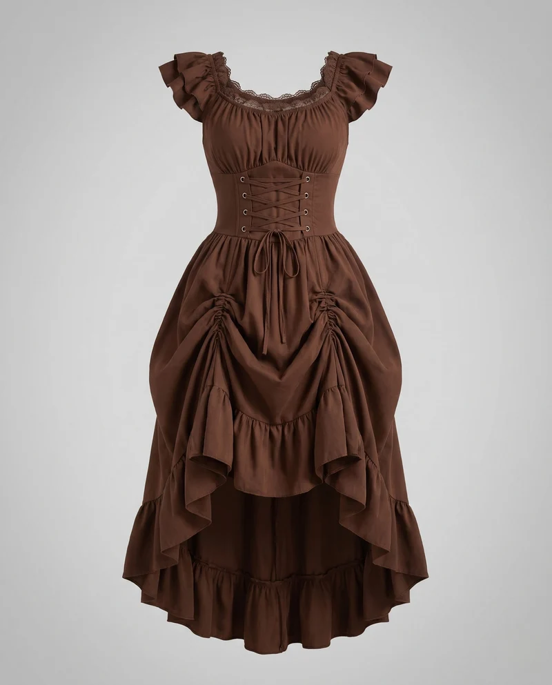Damen romantisches Kleid mit Rüschendetails und eleganter Schnürung Drune