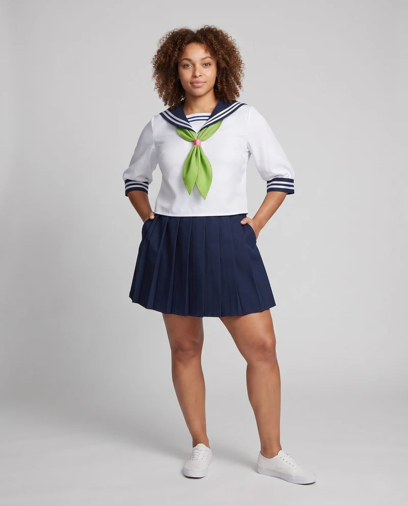 Damen Schuluniform Kostüm Set mit maritimem Kragen und plissiertem Rock Drune