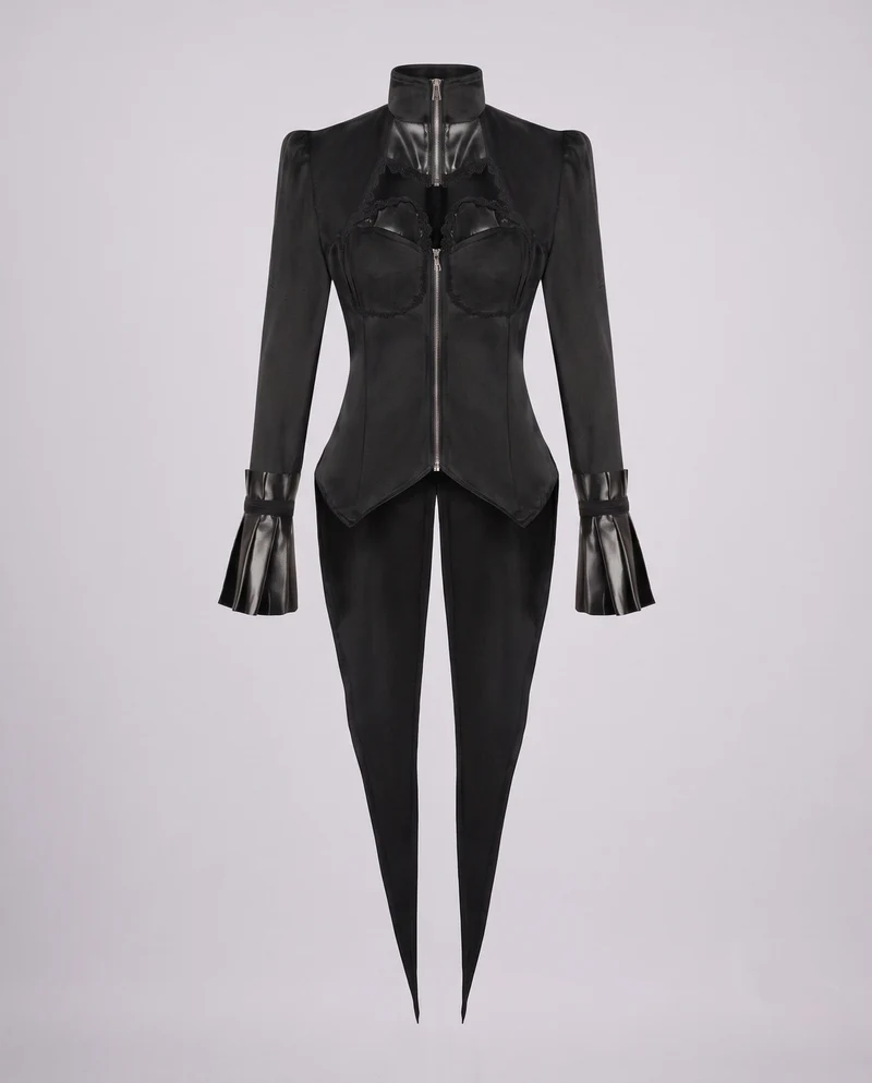 Damen Samtjacke mit asymmetrischem Saum und Spitzenbesatz Drune