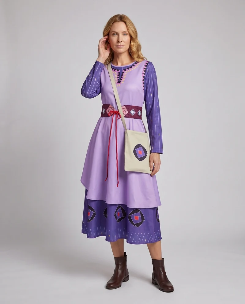 Frauen traditionelles Langarmkleid mit detailliertem Stoffdesign Drune