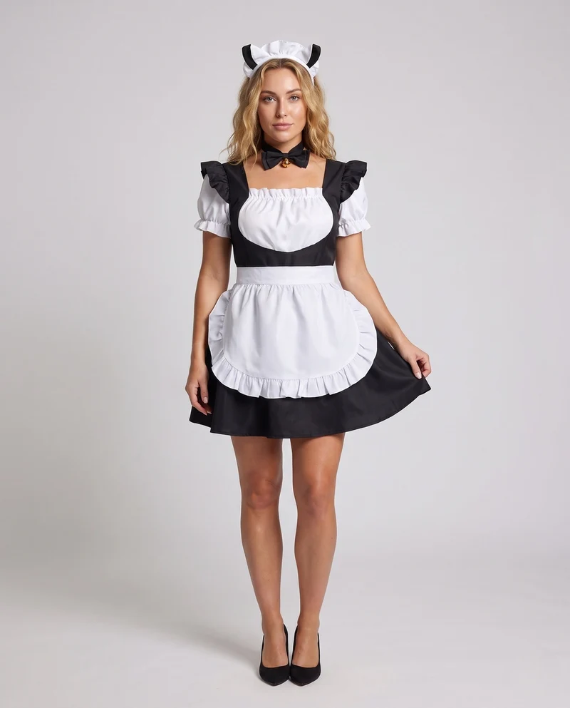 Frauen verspieltes Kostümkleid mit Rüschendetails und Haaraccessoire Drune