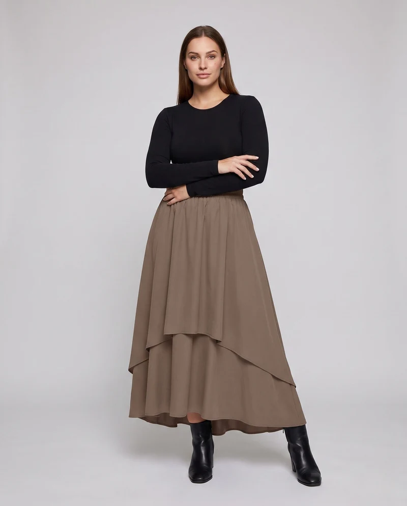 Damen knöchellange Maxi-Rock mit voluminösen Lagen und elastischem Bund Drune
