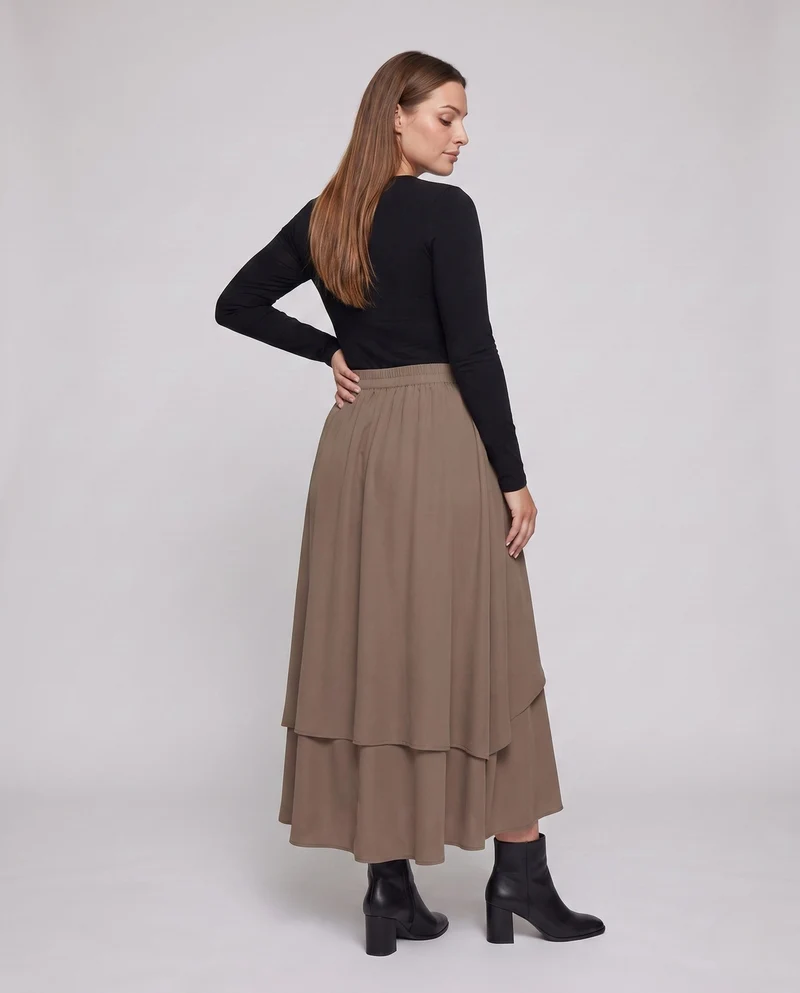 Damen knöchellange Maxi-Rock mit voluminösen Lagen und elastischem Bund Drune