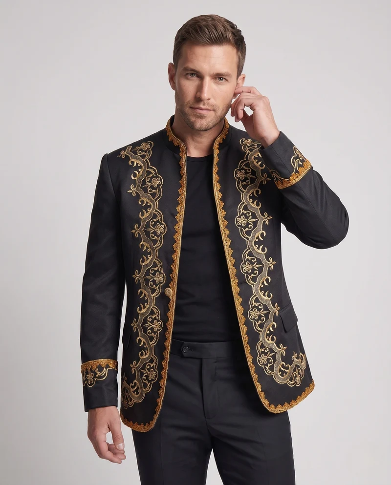 Herren eleganter Brokatblazer mit aufwendiger goldener Stickerei Drune