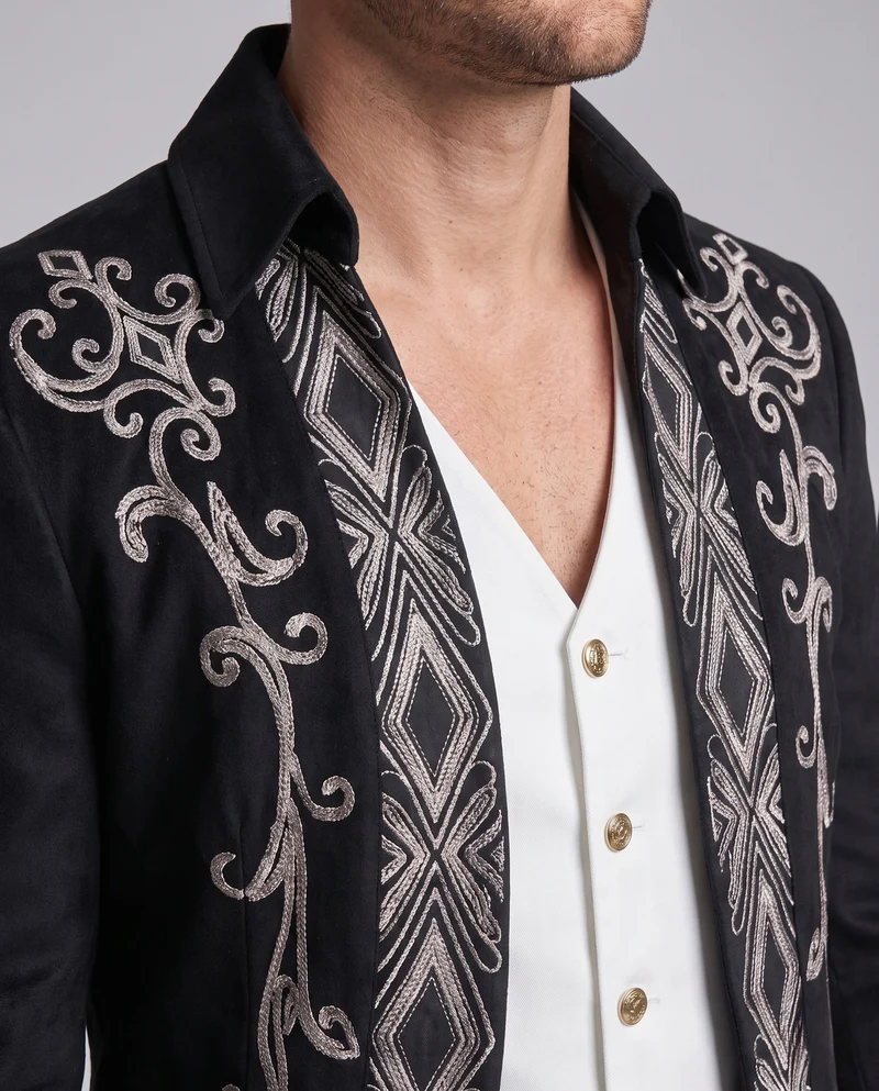Herren eleganter Samtblazer mit dekorativer Bestickung Drune