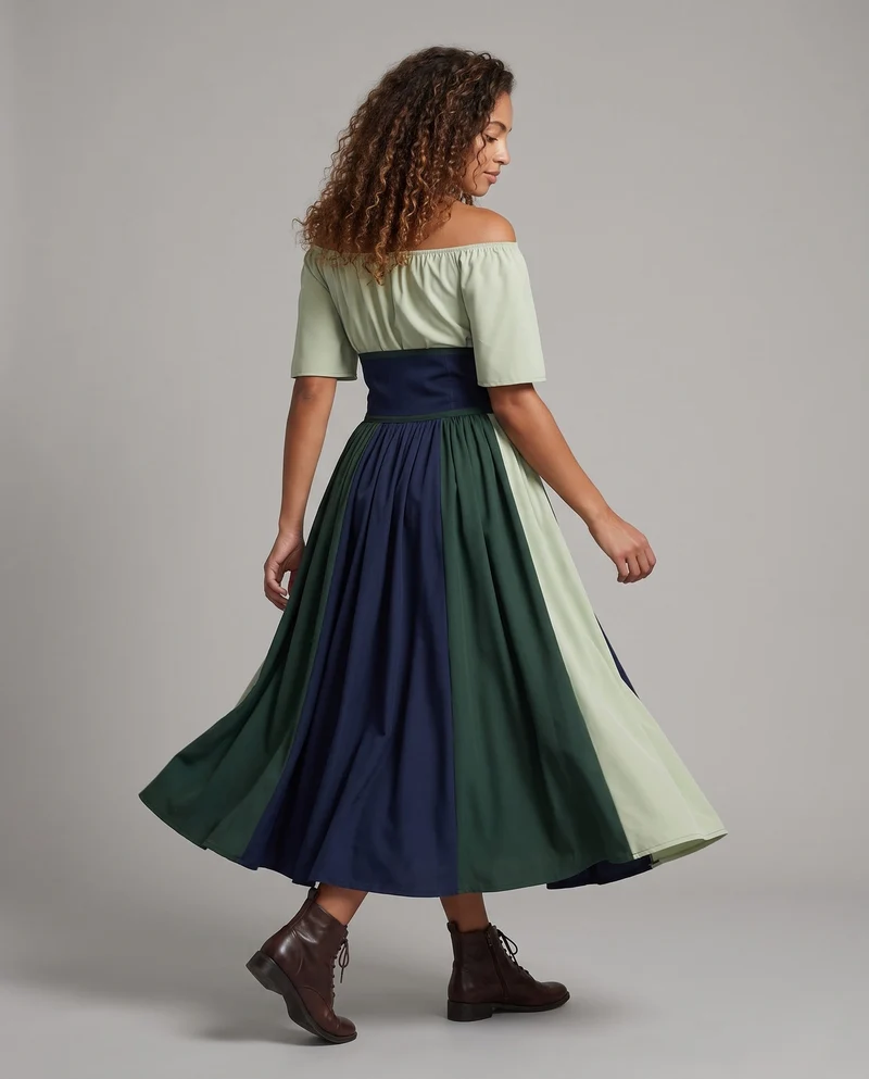 Damen Elegante Maxikleid mit Rüschentop und Hohem Taillenbund