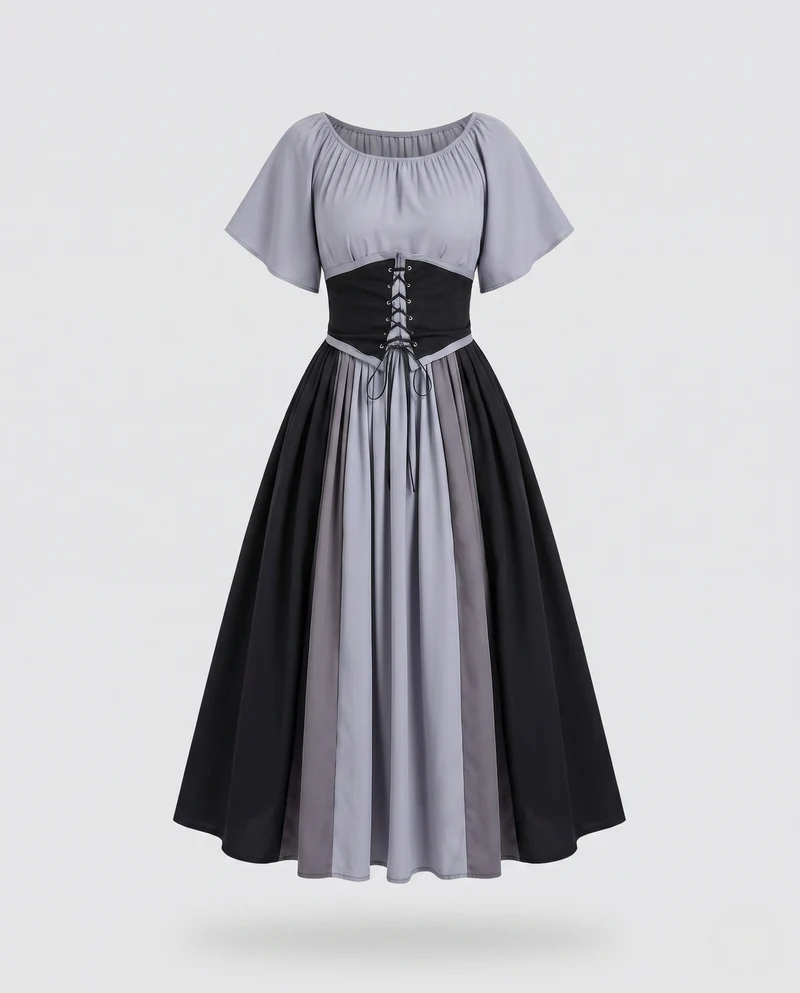 Damen Elegante Maxikleid mit Rüschentop und Hohem Taillenbund