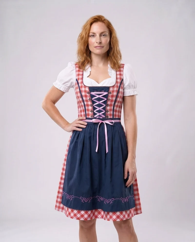 Frauen traditionelles Kleid mit kariertem Oberteil und eleganten Rüschendetails Drune