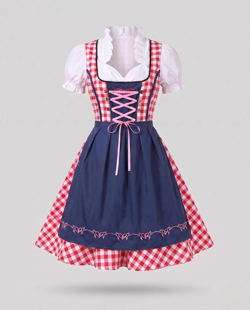 Frauen traditionelles Kleid mit kariertem Oberteil und eleganten Rüschendetails Drune