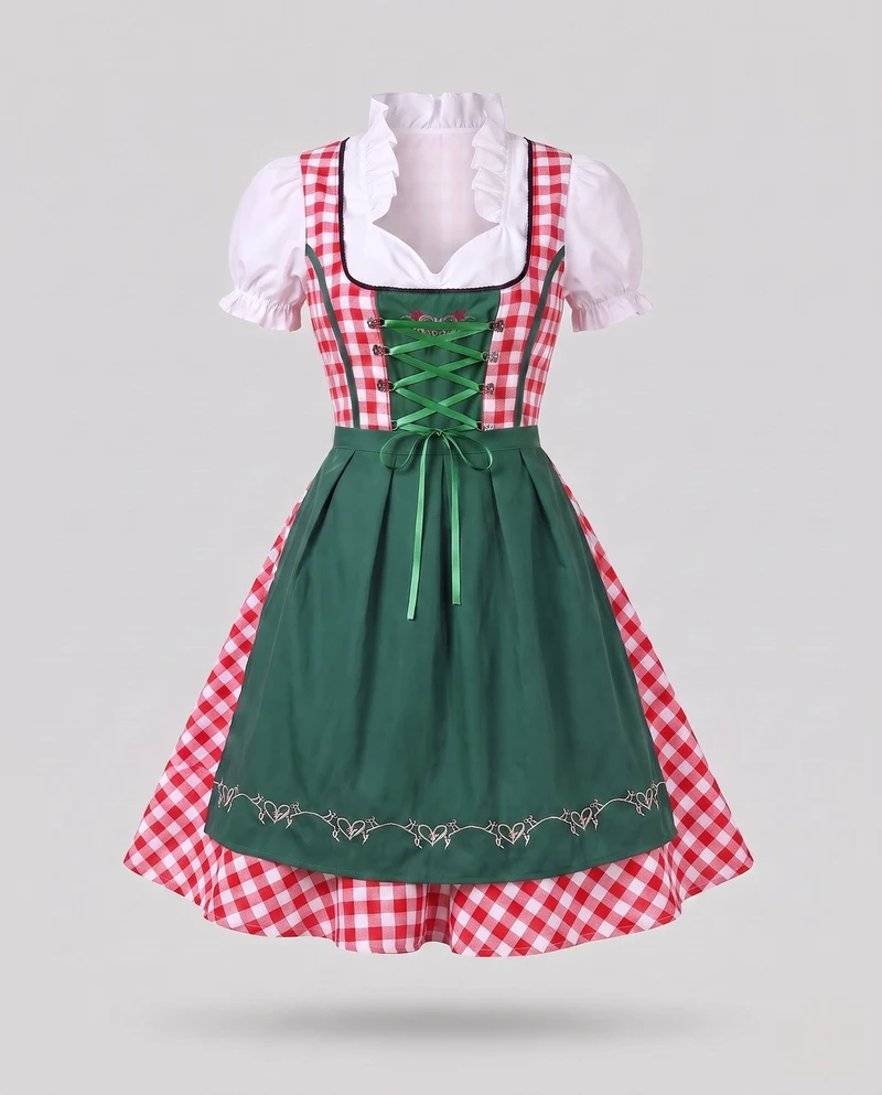Frauen traditionelles Kleid mit kariertem Oberteil und eleganten Rüschendetails Drune