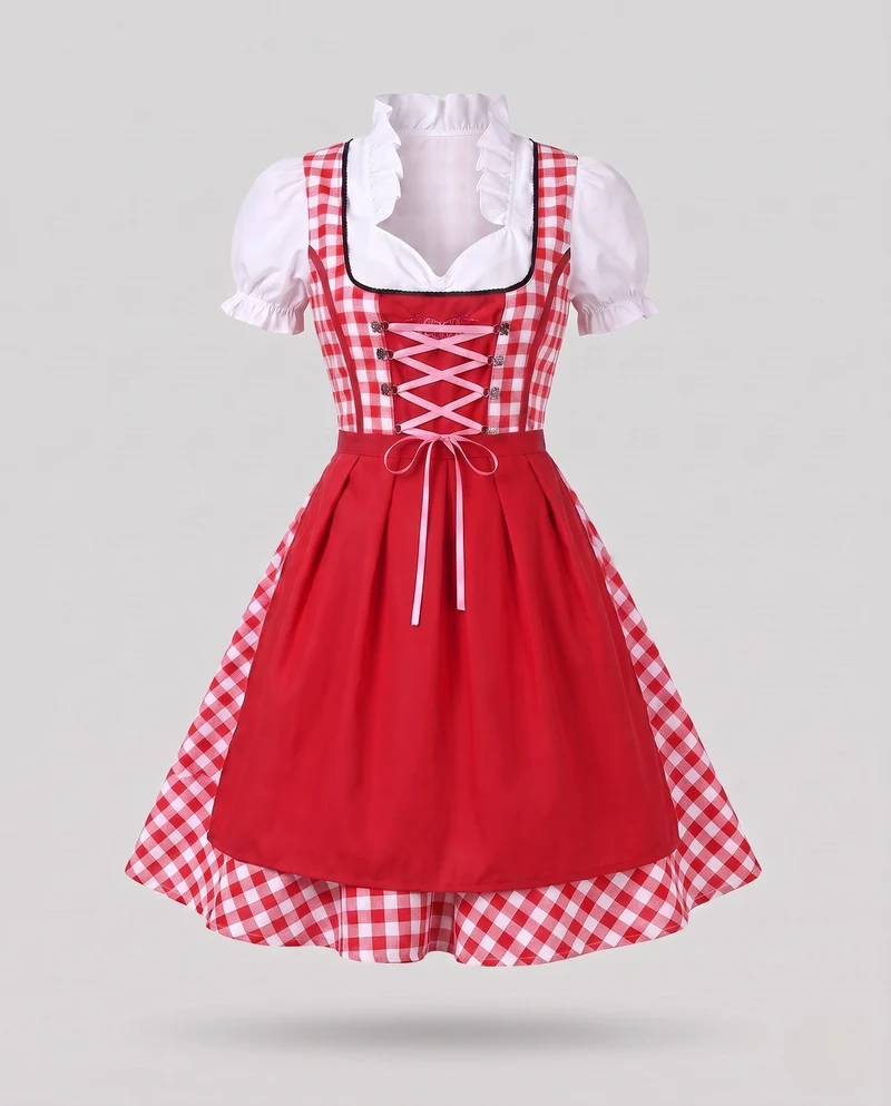 Frauen traditionelles Kleid mit kariertem Oberteil und eleganten Rüschendetails Drune