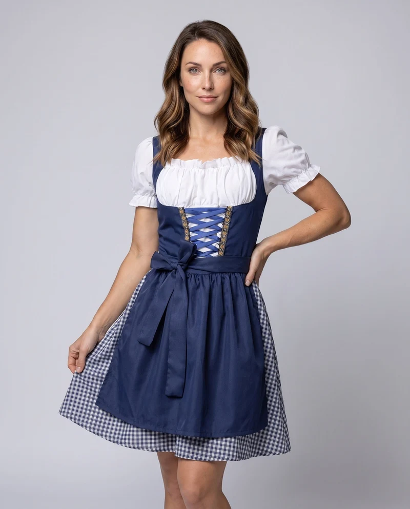 Damen Trachten Dirndl Kleid mit Rüschen und Karodetails Drune