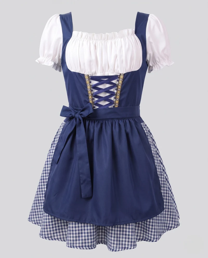 Damen Trachten Dirndl Kleid mit Rüschen und Karodetails Drune