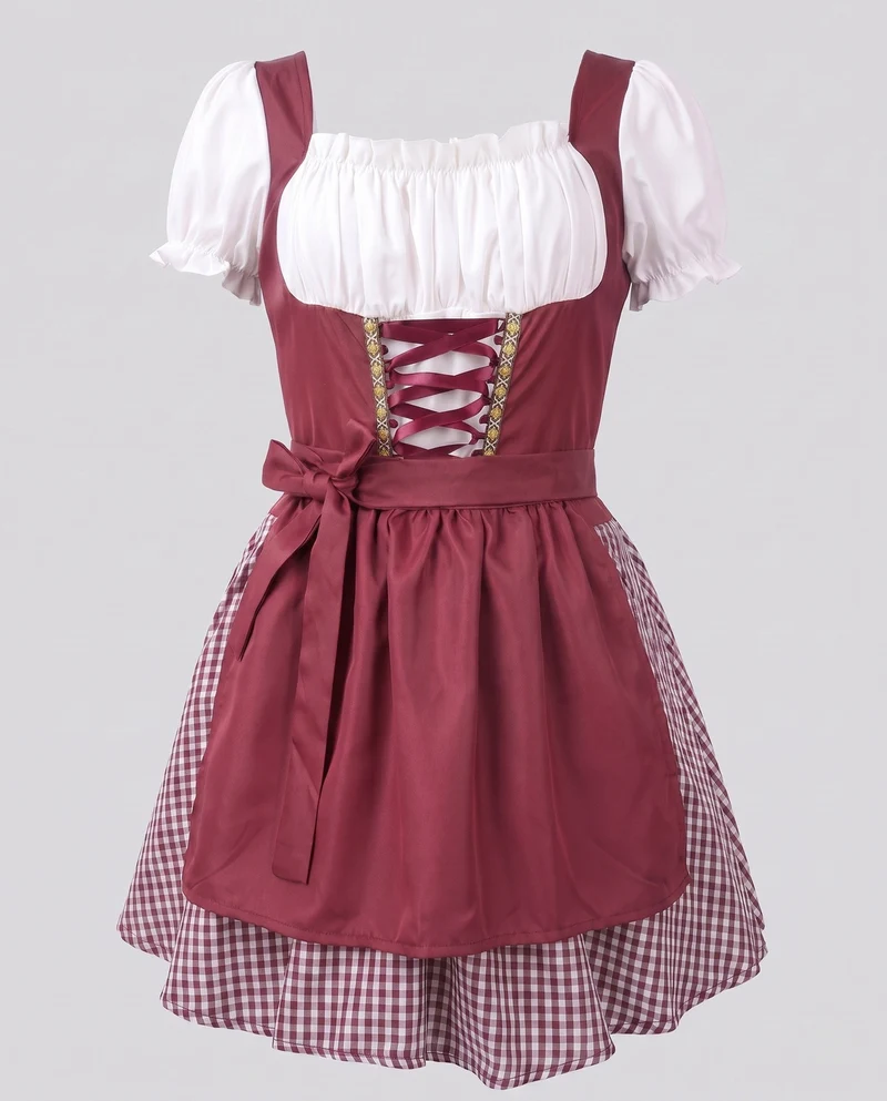 Damen Trachten Dirndl Kleid mit Rüschen und Karodetails Drune
