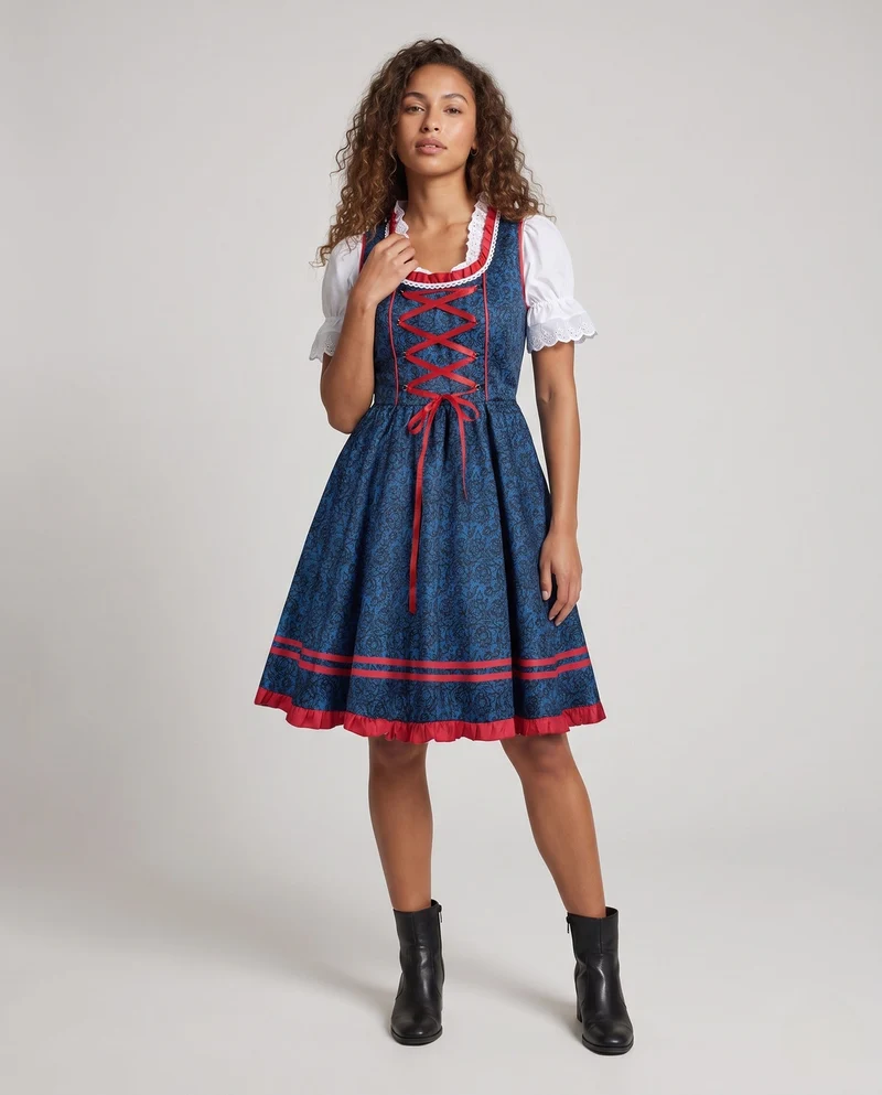 Damen Dirndl Kleid mit aufwendiger Spitze und elegantem Taillengürtel Drune