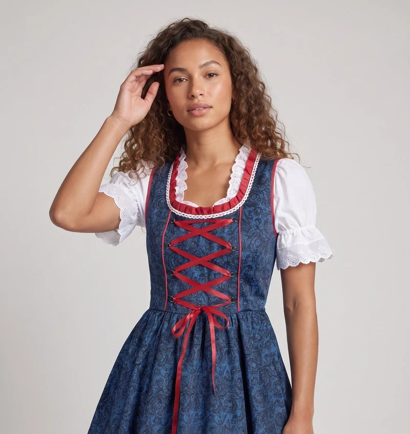 Damen Dirndl Kleid mit aufwendiger Spitze und elegantem Taillengürtel Drune