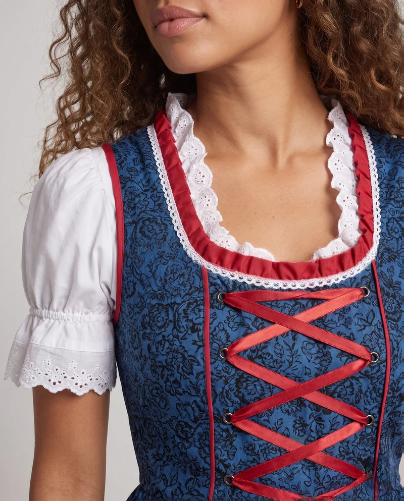 Damen Dirndl Kleid mit aufwendiger Spitze und elegantem Taillengürtel Drune