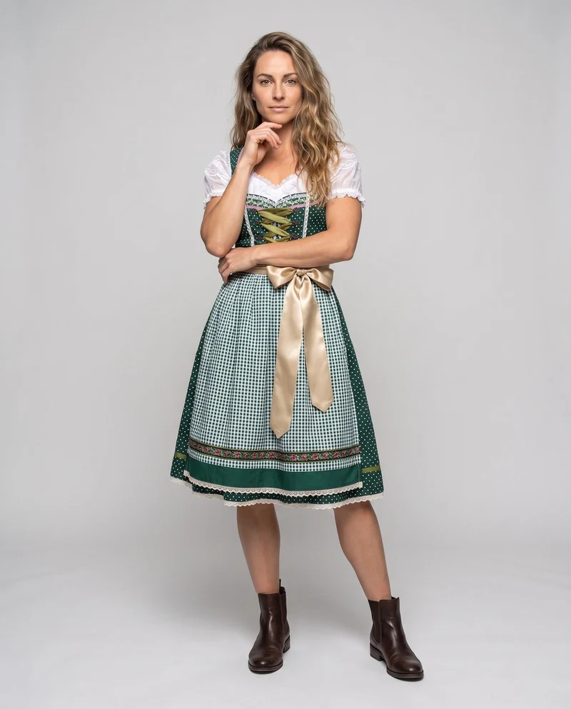 Damen Dirndlkleid mit eleganten Spitzenverzierungen und Bindegürtel Drune