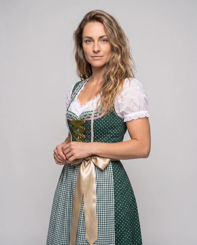Damen Dirndlkleid mit eleganten Spitzenverzierungen und Bindegürtel Drune