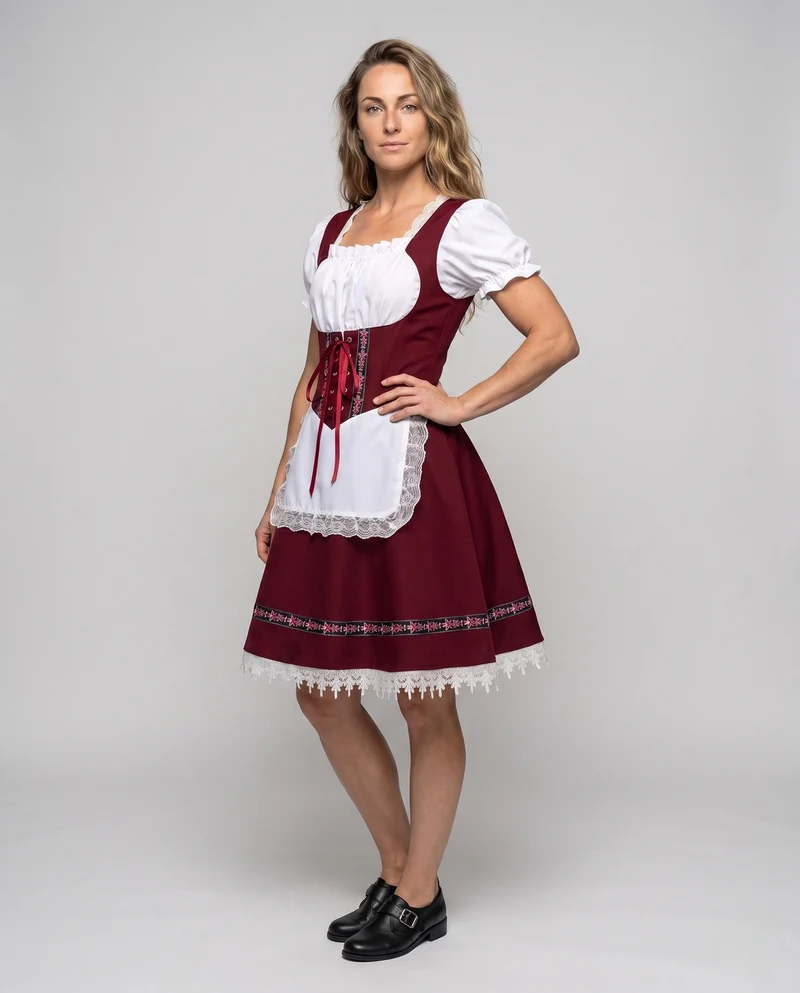 Damen Dirndl Kleid mit feiner Spitze und Satin Gürtel Drune