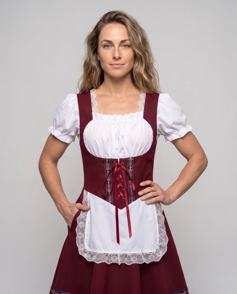 Damen Dirndl Kleid mit feiner Spitze und Satin Gürtel Drune